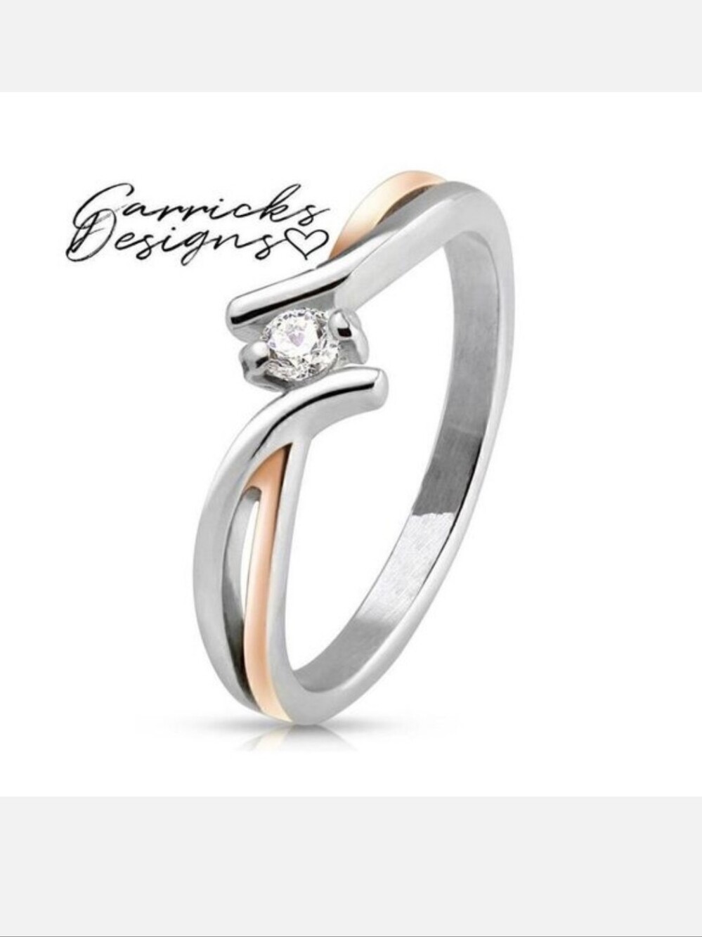Women's Rose Gold Silver Twist Solitaire Ring, Engagement Ring, Size 7.5